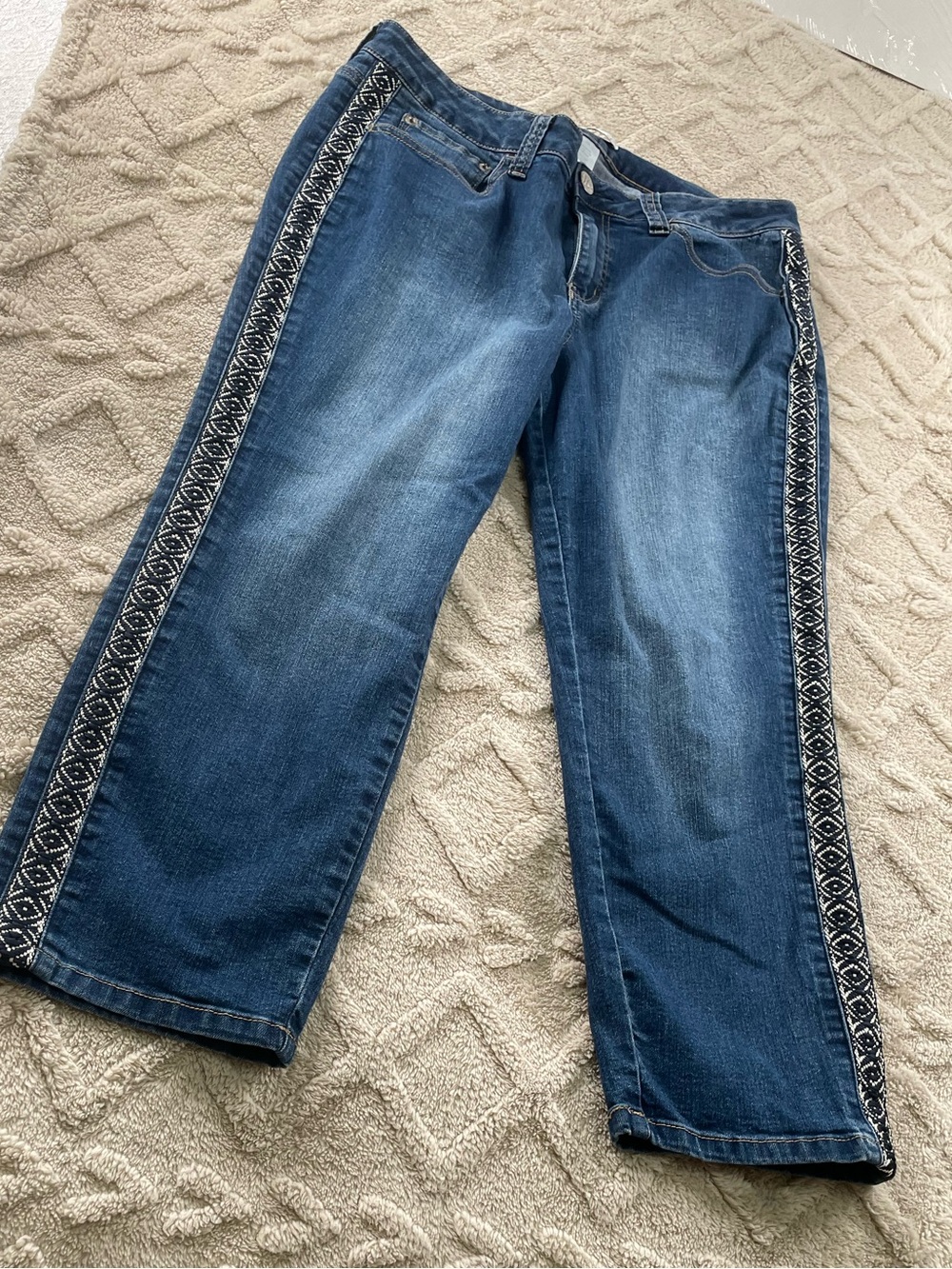 Westport Indigo Jeans with Navy &  Off White Embroidered Side Trim Size 14